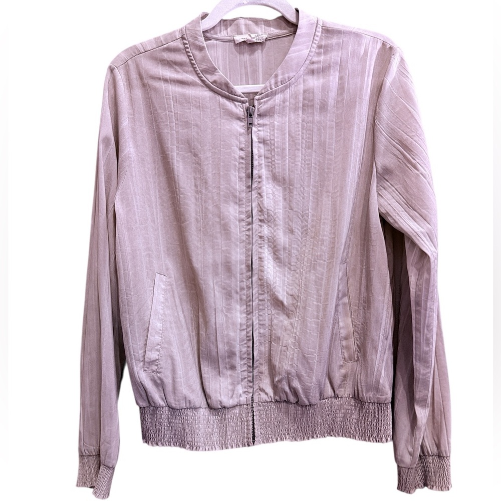 Mystree Women's Lightweight Beige Tonal Stripe Bomber Jacket sz M